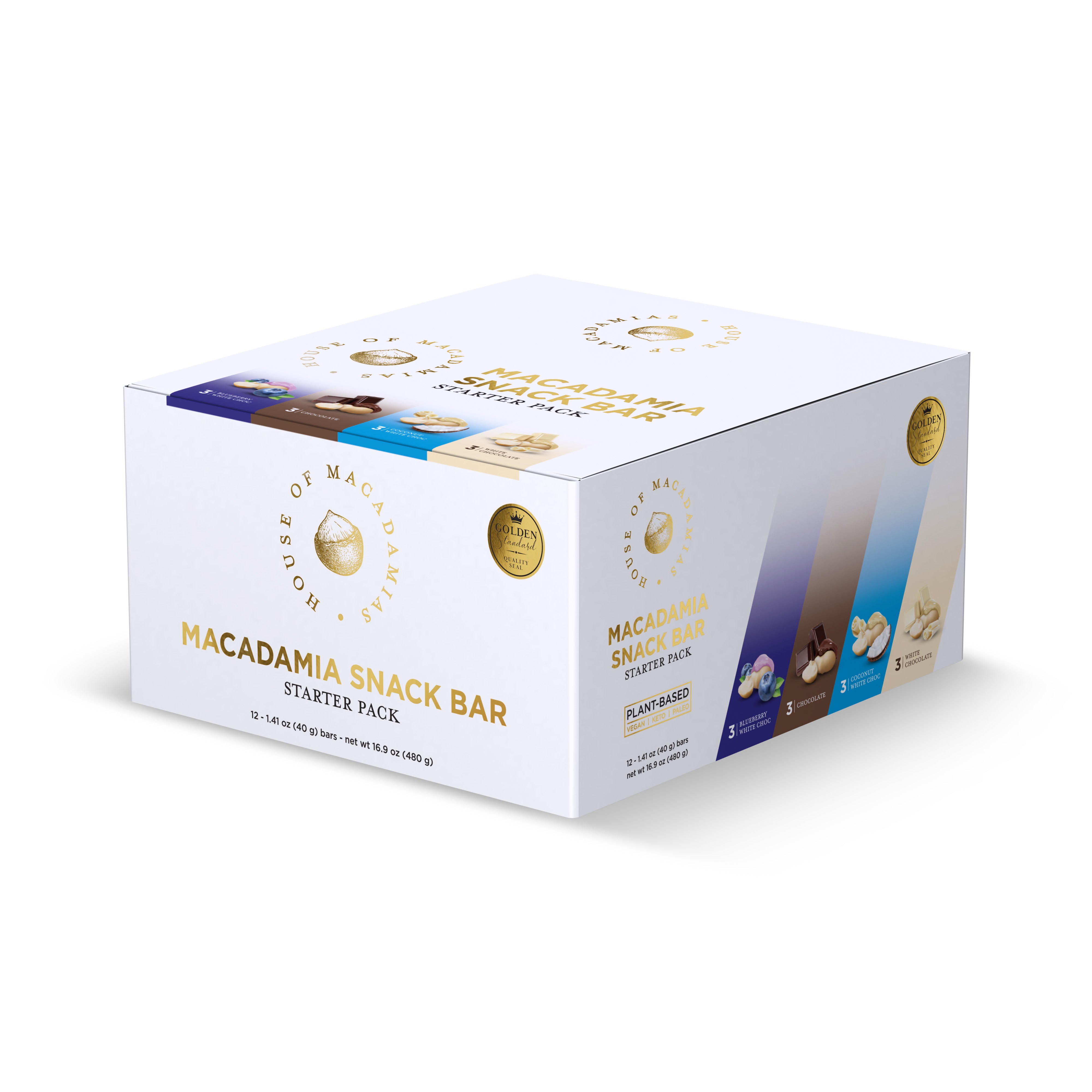 Macadamia nut snack bars in chocolate, blueberry, white chocolate and coconut flavors.