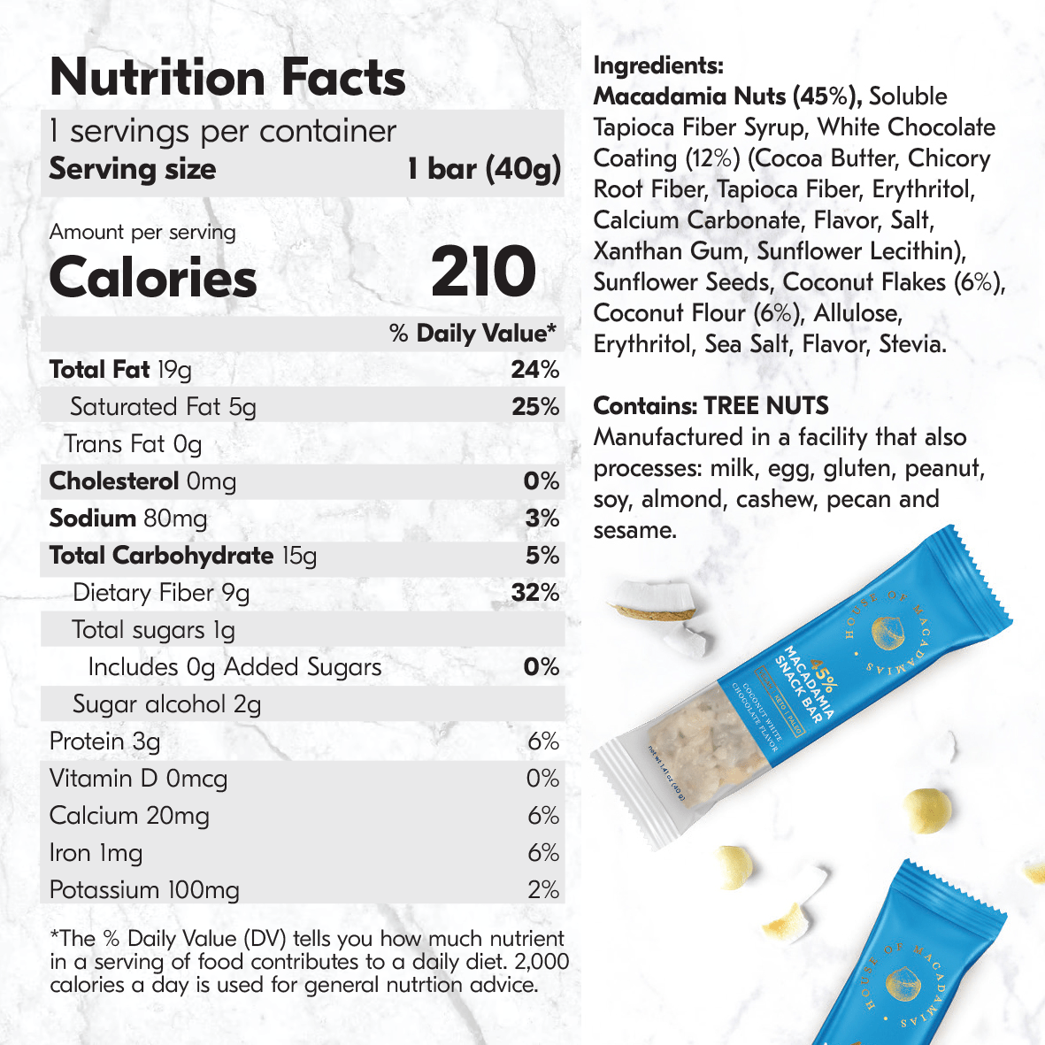 coconut chocolate 45& macadamia snack bar nutrition facts