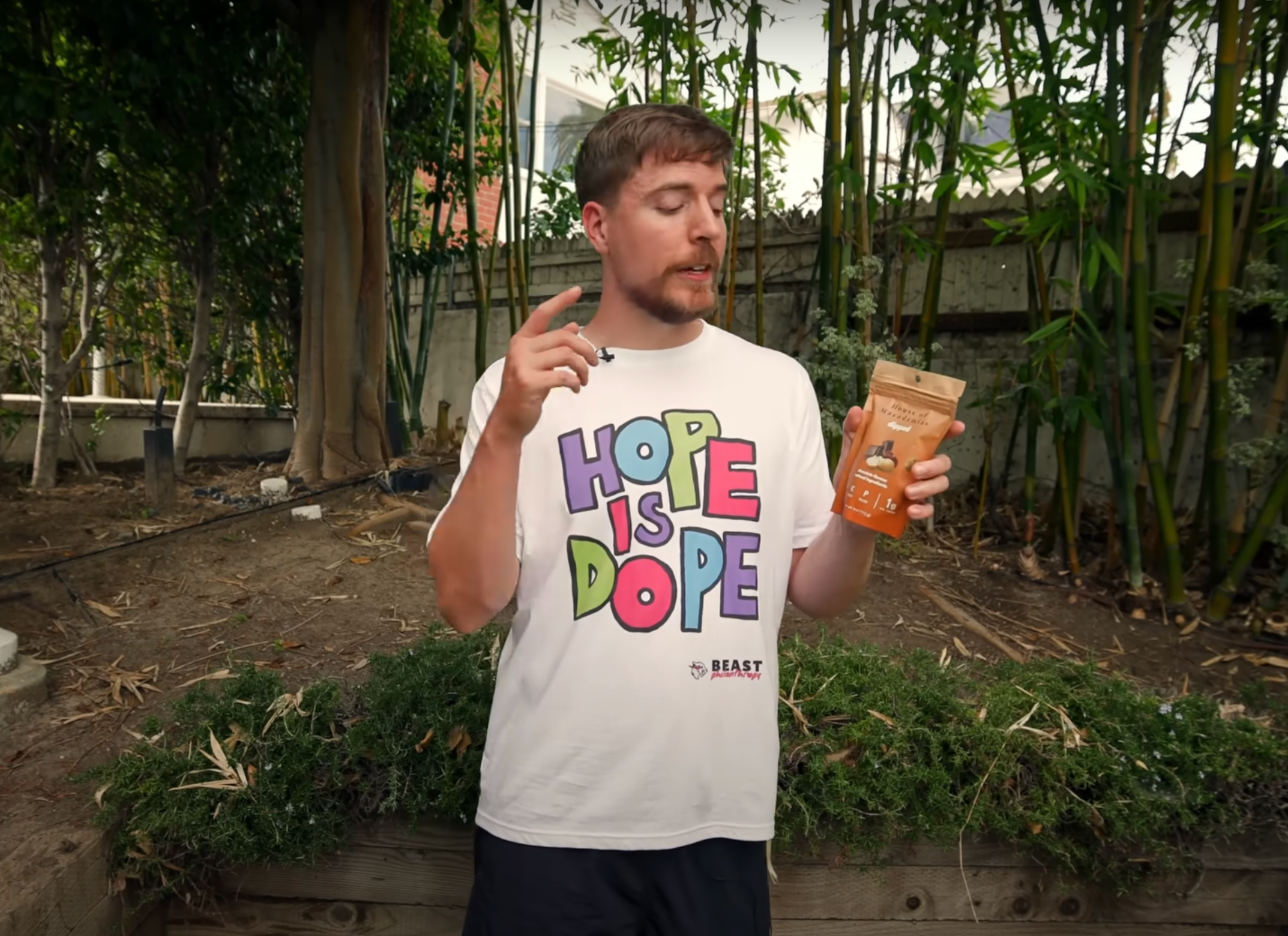 MrBeast holding a bag of House of Macadamias Chocolate Covered Macadamia Nuts — showcasing a popular, vegan, plant-based, nutrient-dense healthy snack
