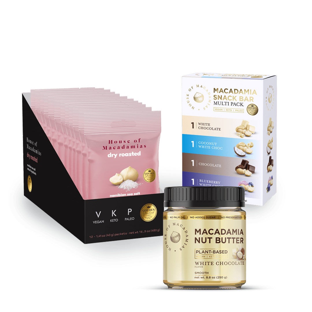 plant-based white chocolate macadamia nut butter, macadamia snack bar multi-pack, and dry roasted Namibian sea salt dry roasted macadamia nuts standard partner bundle