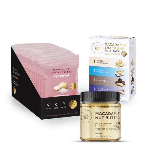 plant-based white chocolate macadamia nut butter, macadamia snack bar multi-pack, and dry roasted Namibian sea salt dry roasted macadamia nuts standard partner bundle