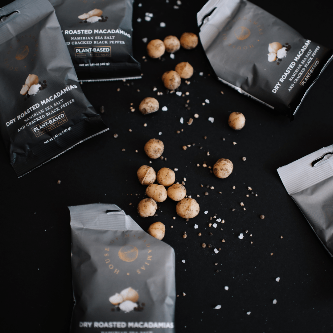 Dry Roasted Macadamia Nuts with Namibian Sea Salt & Cracked Pepper (12 Bags) - House of Macadamias - nuts shop near me