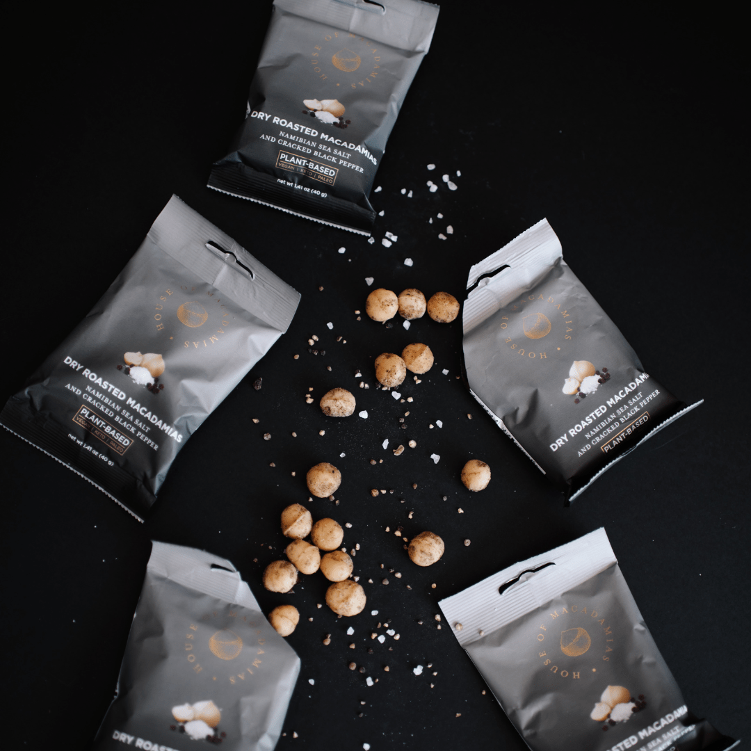 Dry Roasted Macadamia Nuts with Namibian Sea Salt & Cracked Pepper (12 Bags) - House of Macadamias - nut cravings