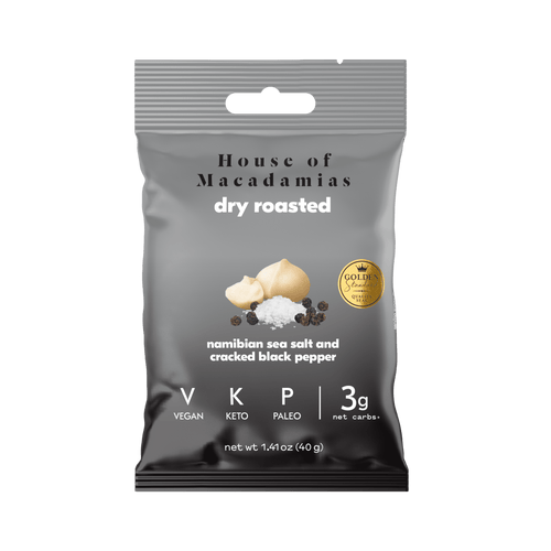 Dry Roasted Macadamia Nuts with Namibian Sea Salt & Cracked Pepper (12 Bags) - House of Macadamias - camping snacks