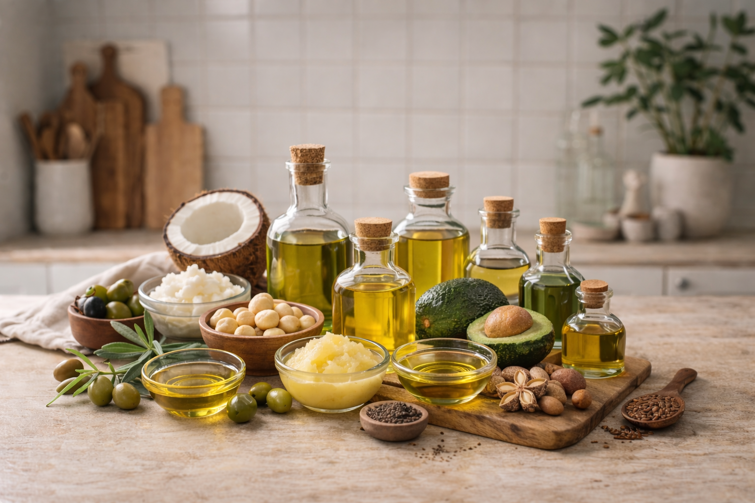 Healthy cooking oils including macadamia oil, macadamia nuts, olive oil, olives, avocado, coconut and ghee.