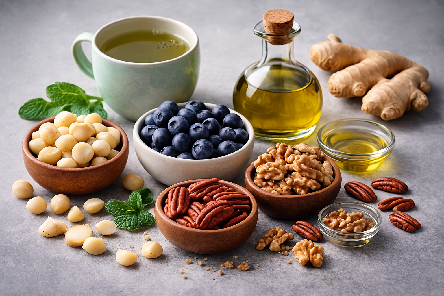 Longevity foods displayed, including macadamia nuts, macadamia oil, walnuts, pecan nuts, blueberries, green tea, and ginger