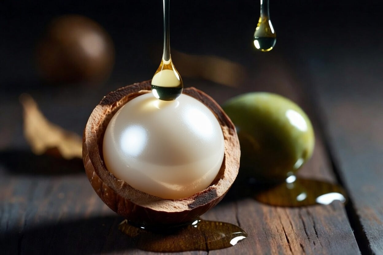 Hyperrealistic close-up of a cracked macadamia nut with a smooth pearl-like kernel and glistening macadamia oil droplet next to a green olive, symbolizing macadamia oil superiority for cooking and longevity
