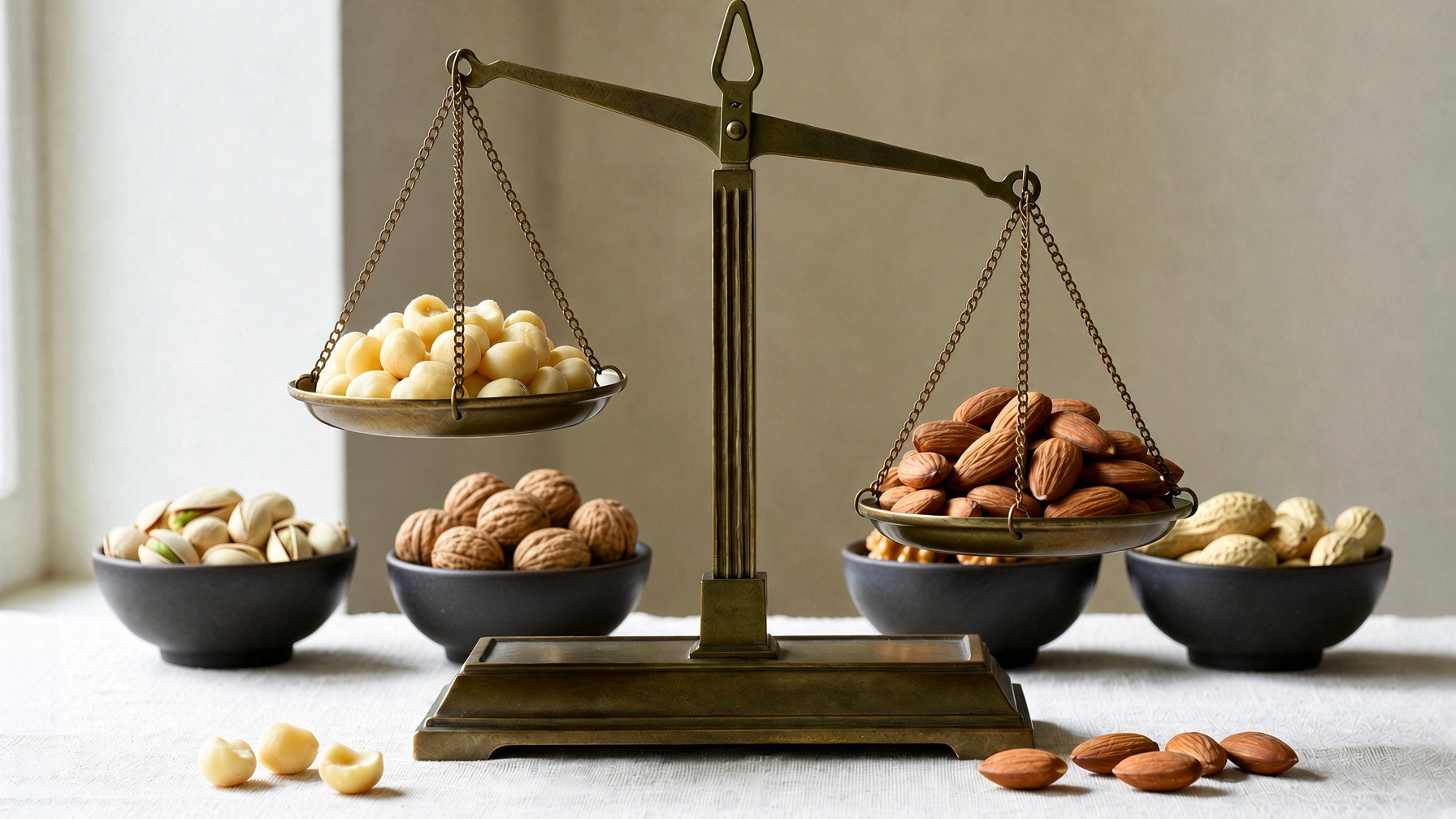 scale weighing up macadamia nuts and almonds for phytic acid content, peanuts walnuts pistachios in bowls behind