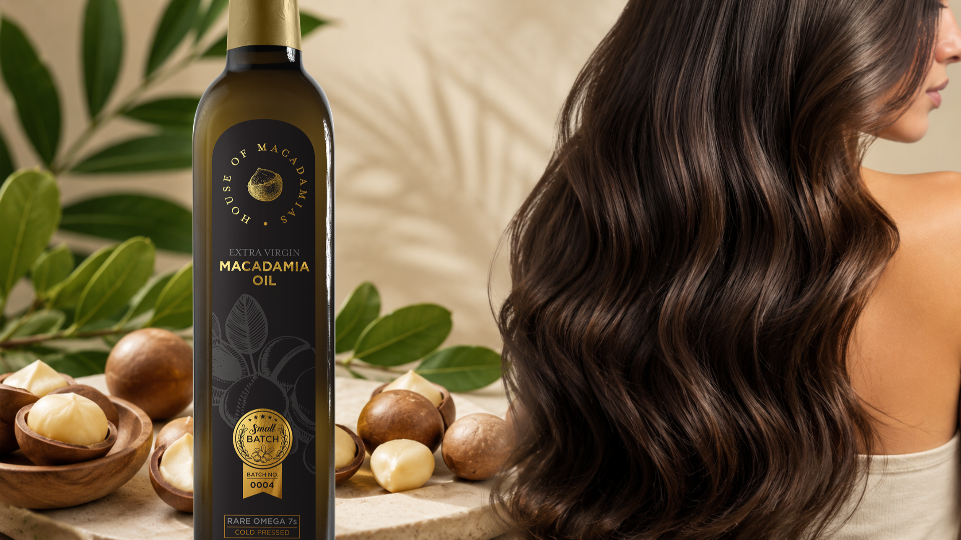 macadamia oil alongside macadamia nuts and shiny, thick, healthy hair