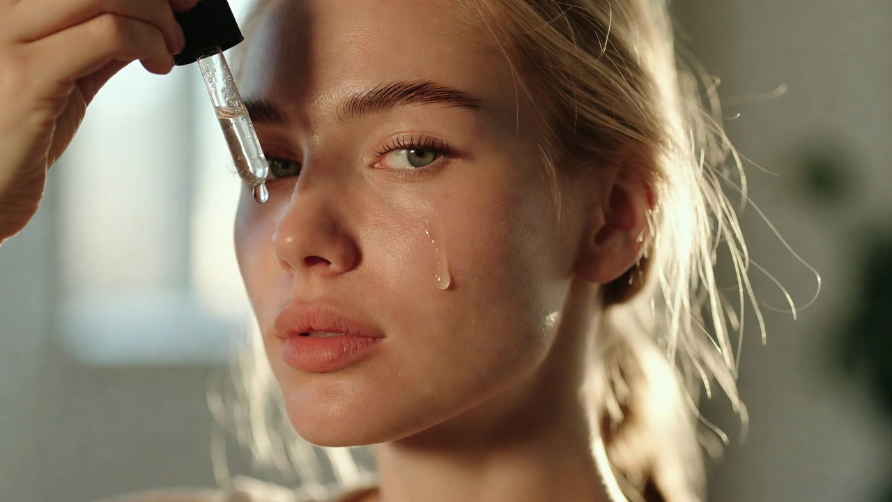 blonde girl glass skin with clean girl aesthetic applying macadamia oil skincare
