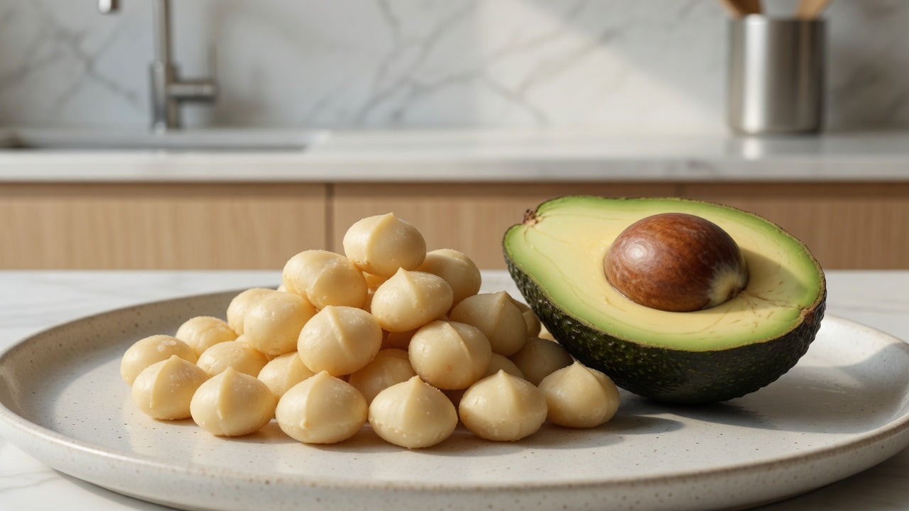macadamia nuts on a plate beside a sliced open avocado representing macadamia oil vs avocado oil for cooking