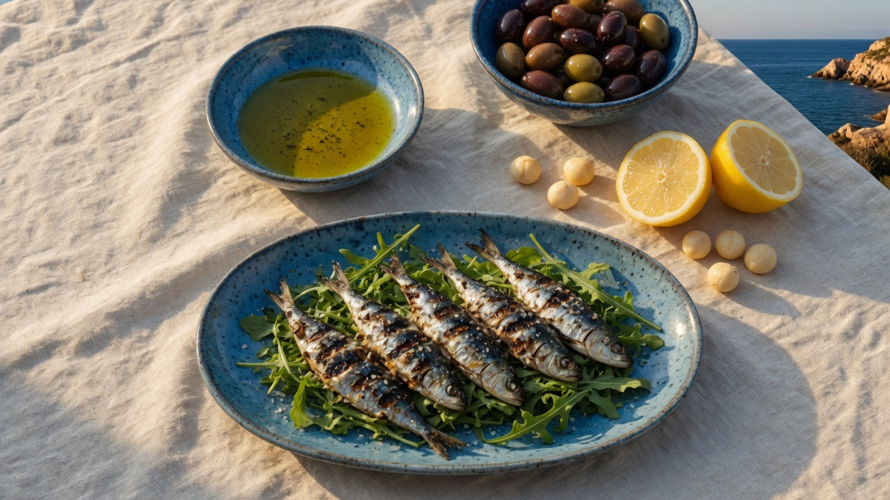Mediterranean diet foods olive oil sardines macadamia nuts macadamia oil lemons olives on linen table