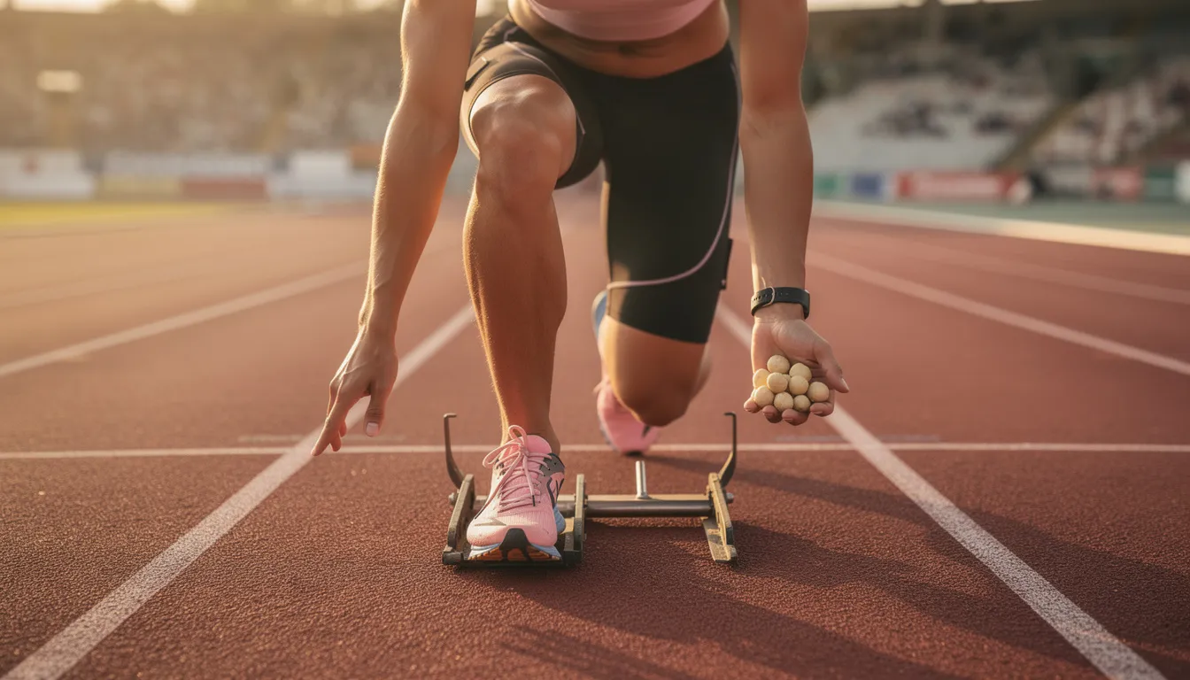Athlete on track holding macadamia nuts, a healthy snack for runners' joint recovery.