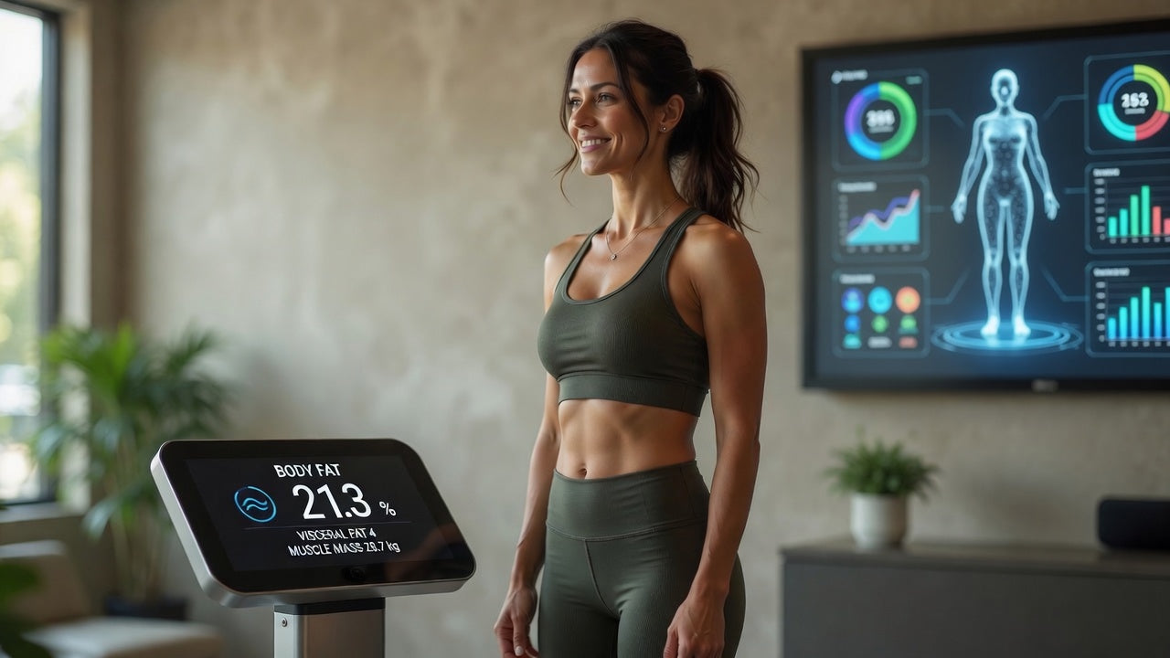 woman measuring body fat percentage and anti-inflammatory and fat loss results from consuming macadamia oil