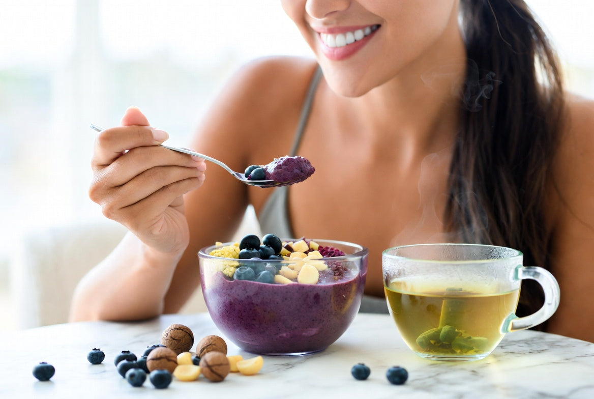 Healthy youthful woman eating blueberries, macadamia nuts and green tea.