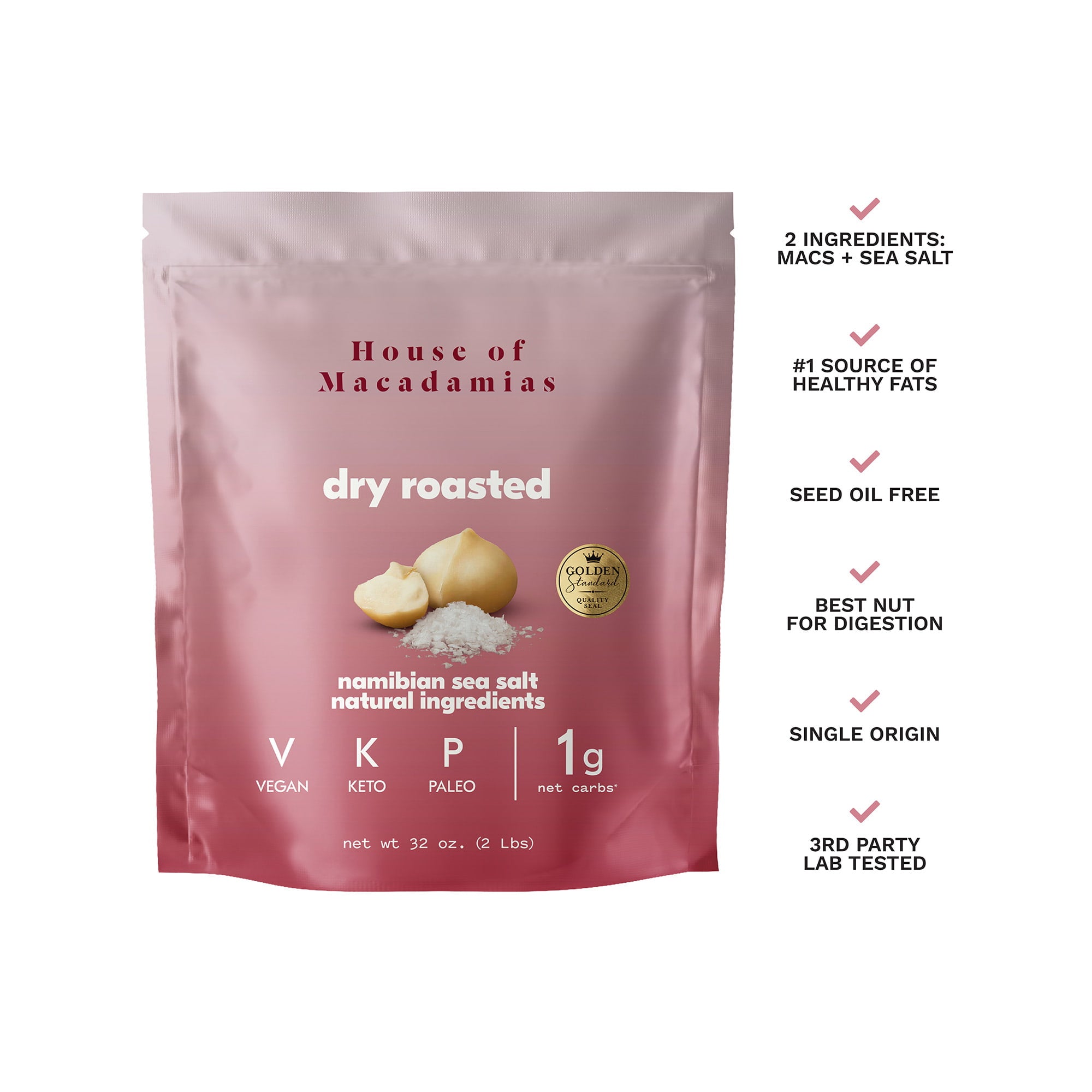 Front of 2lb dry roasted macadamia nuts with Namibian sea salt.