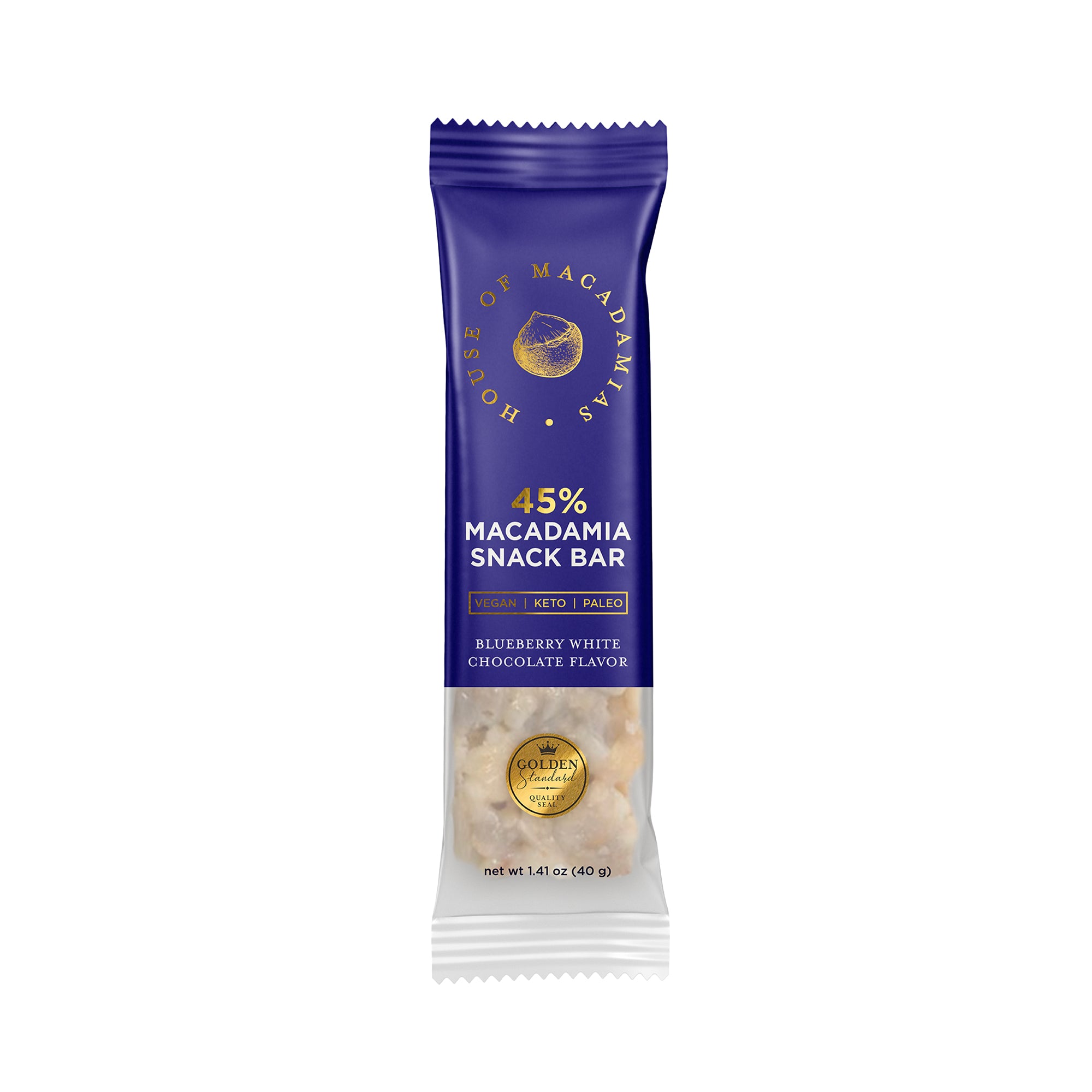 Blueberry macadamia snack bar by House of Macadamias, made with macadamias as the first ingredient. Plant based, no seed oils, 100% natural healthy snack bar rich in antioxidants and healthy fats.
