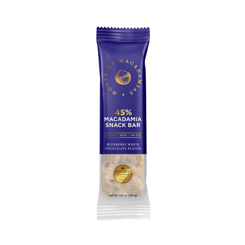 Blueberry macadamia snack bar by House of Macadamias, made with macadamias as the first ingredient. Plant based, no seed oils, 100% natural healthy snack bar rich in antioxidants and healthy fats.