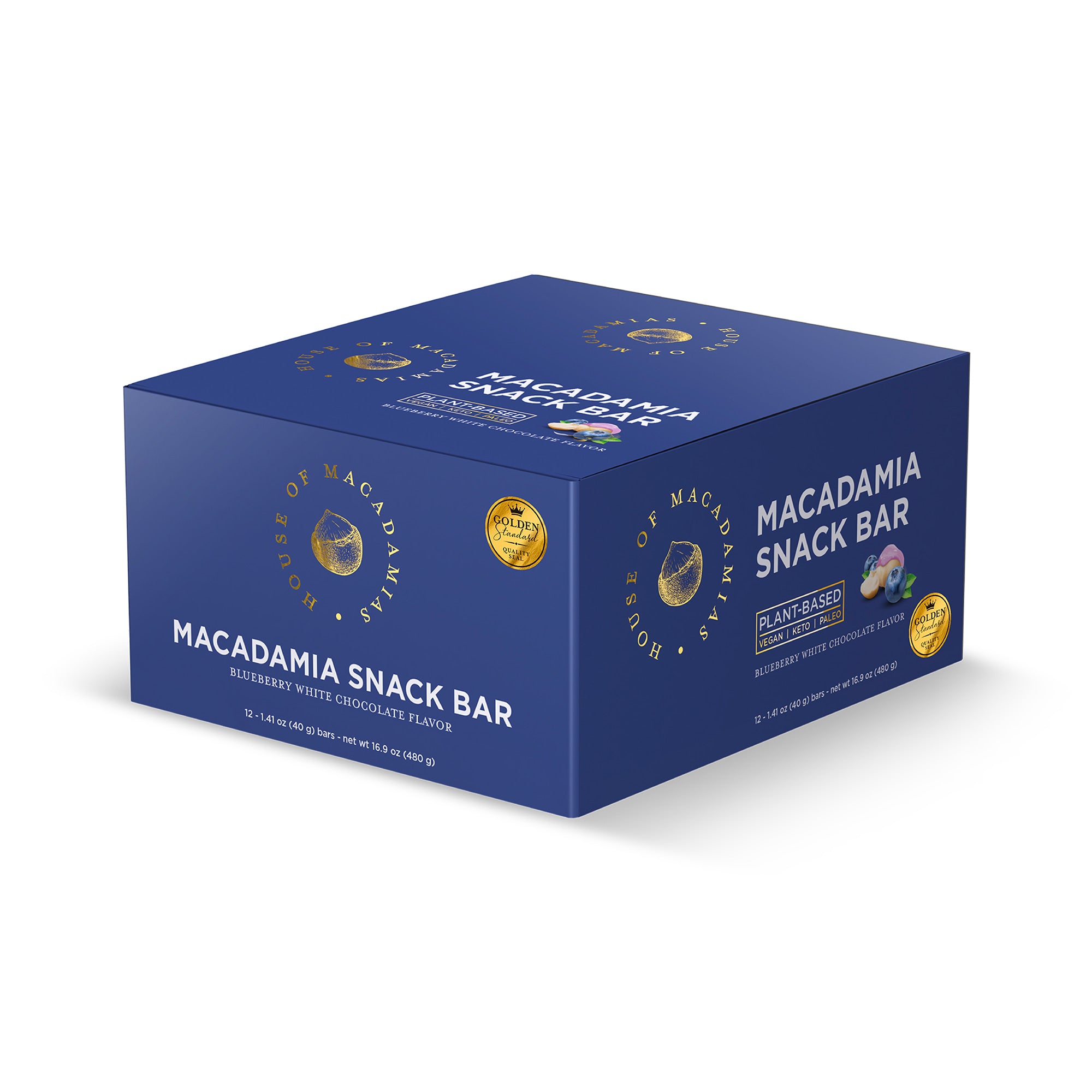 Blueberry macadamia snack bar by House of Macadamias, made with macadamias as the first ingredient. Plant based, no seed oils, 100% natural healthy snack bar rich in antioxidants and healthy fats.