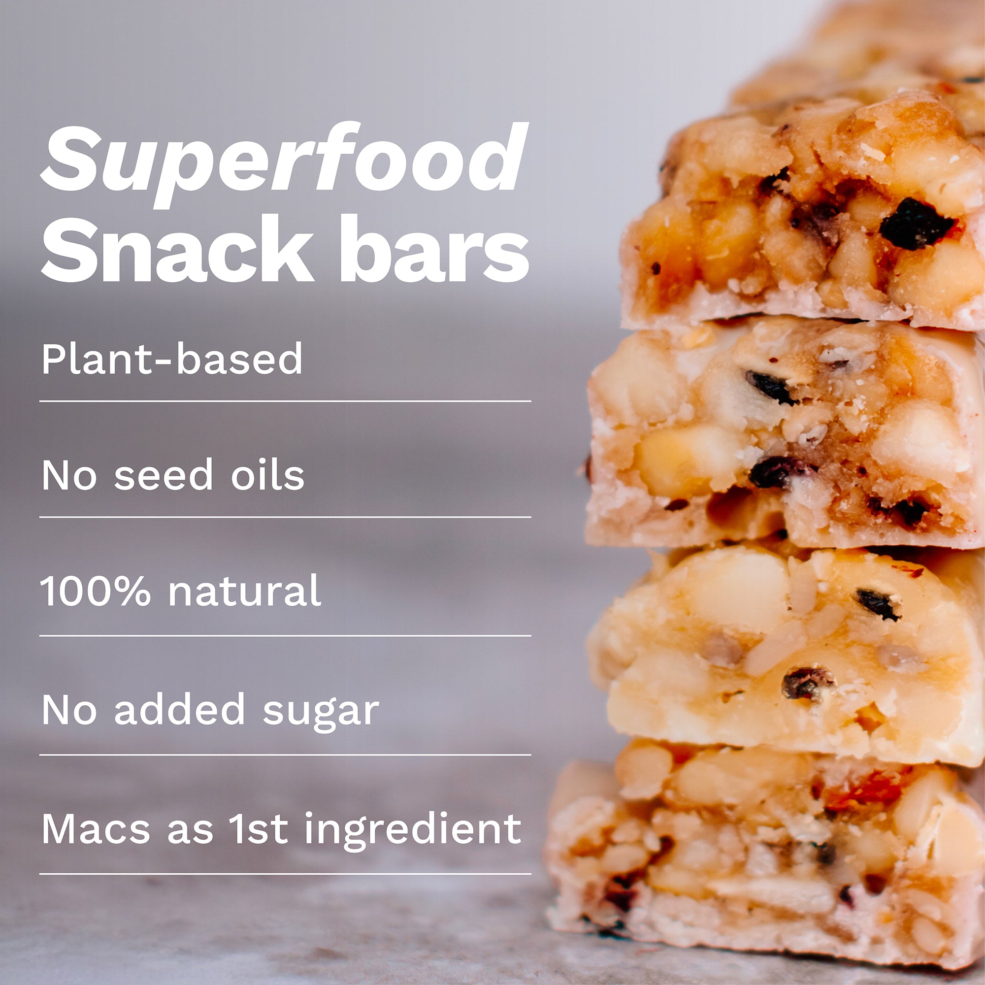 Blueberry macadamia snack bar by House of Macadamias, made with macadamias as the first ingredient. Plant based, no seed oils, 100% natural healthy snack bar rich in antioxidants and healthy fats.