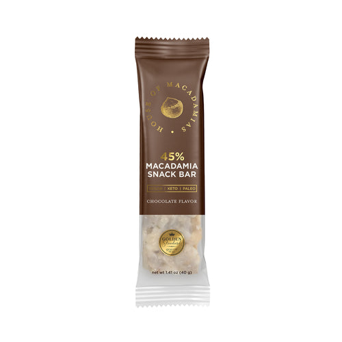 Chocolate macadamia snack bar by House of Macadamias, made with macadamias as the first ingredient. Plant based, no seed oils, 100% natural healthy snack bar rich in antioxidants and healthy fats.