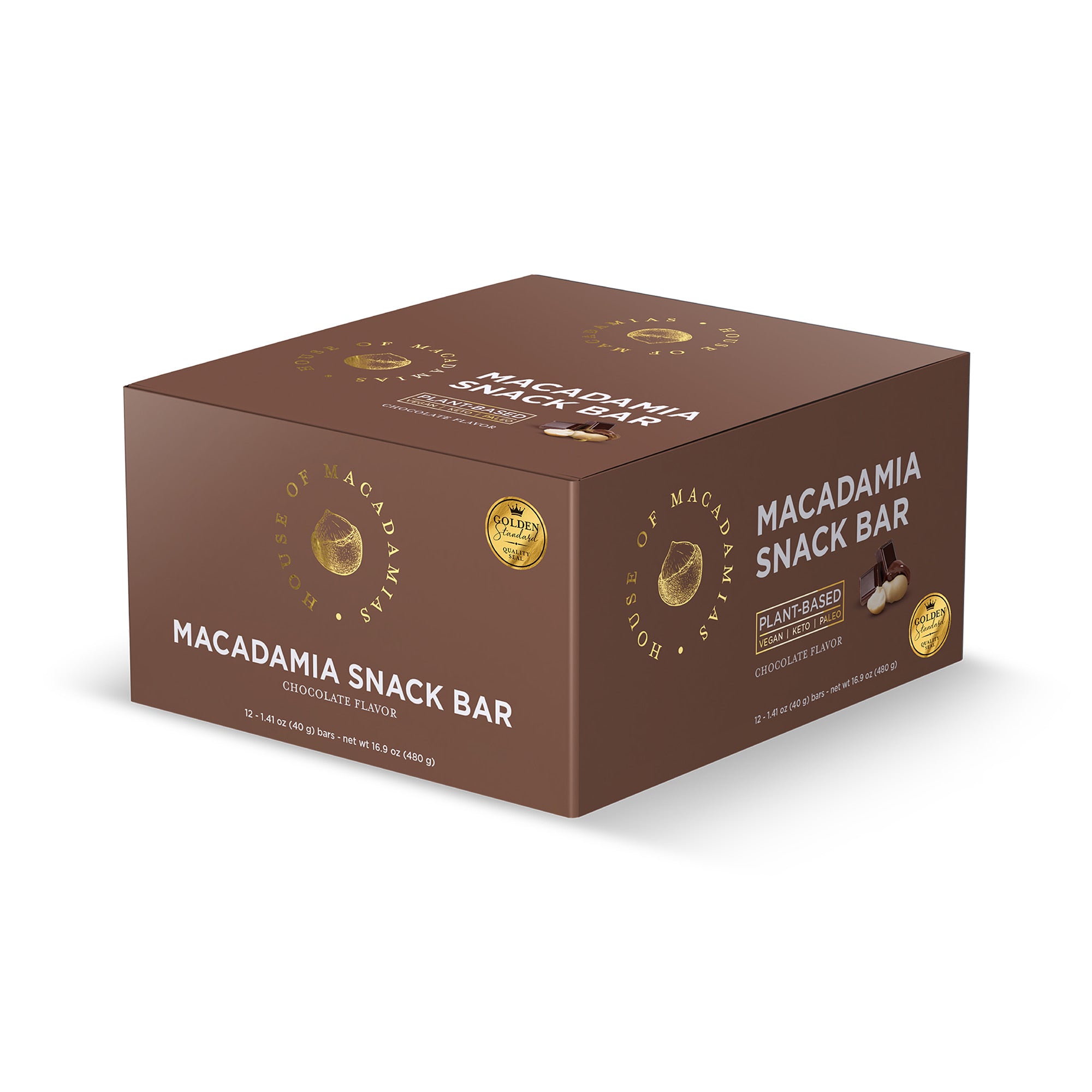Chocolate macadamia snack bar by House of Macadamias, made with macadamias as the first ingredient. Plant based, no seed oils, 100% natural healthy snack bar rich in antioxidants and healthy fats.