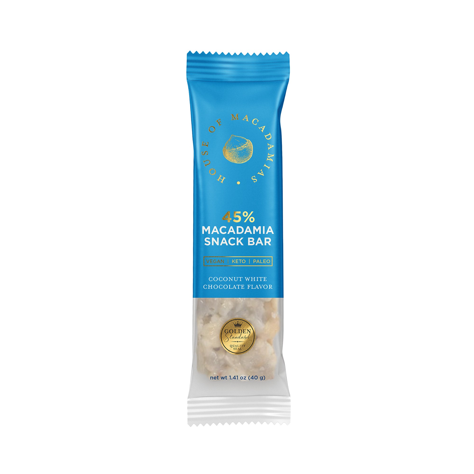Coconut white chocolate macadamia snack bar by House of Macadamias, made with macadamias as the first ingredient. Plant based, no seed oils, 100% natural healthy snack bar rich in antioxidants and healthy fats.