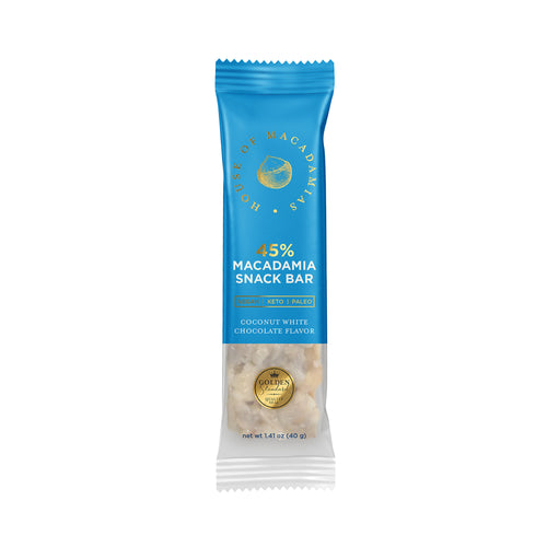 Coconut white chocolate macadamia snack bar by House of Macadamias, made with macadamias as the first ingredient. Plant based, no seed oils, 100% natural healthy snack bar rich in antioxidants and healthy fats.