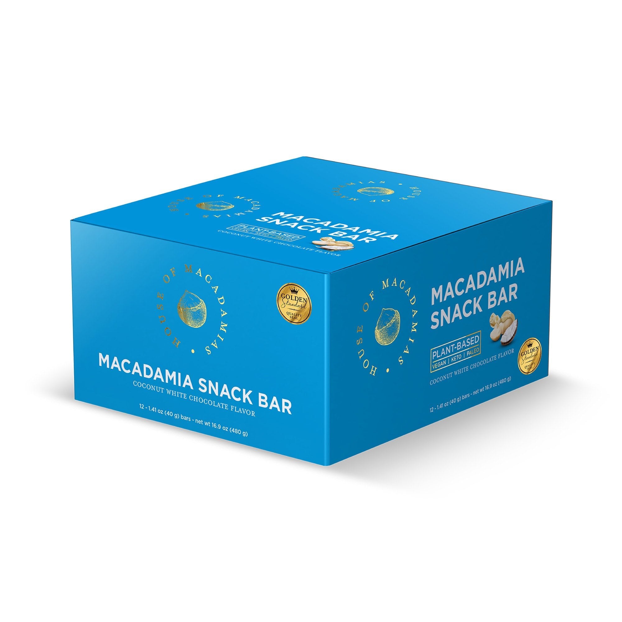 Coconut white chocolate macadamia snack bar by House of Macadamias, made with macadamias as the first ingredient. Plant based, no seed oils, 100% natural healthy snack bar rich in antioxidants and healthy fats.