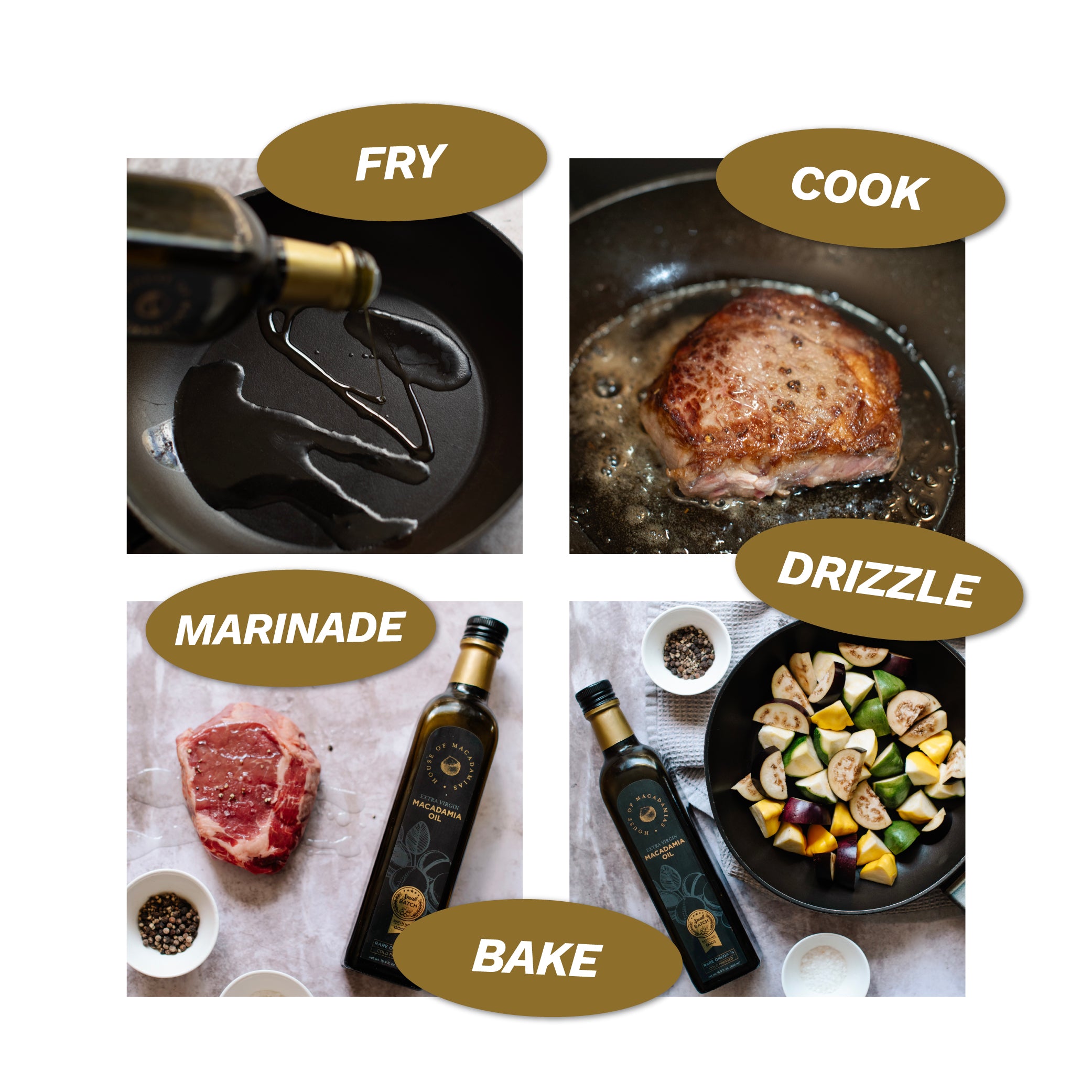Steps for cooking with text labels: Fry, Cook, Drizzle, Marinade, Bake.