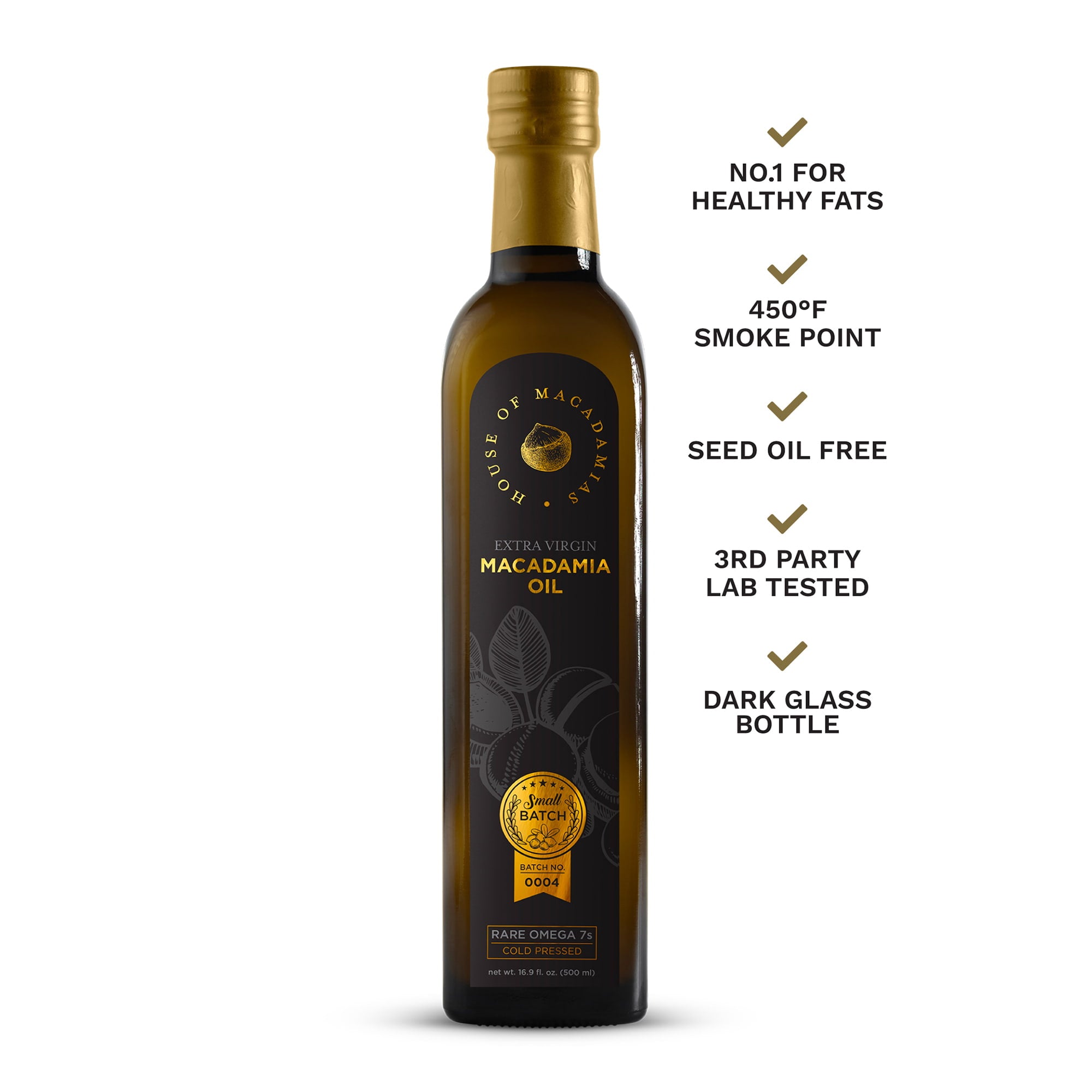 Front view of House of Macadamias macadamia nut oil bottle highlighting high smoke point, seed oil free, and third-party lab tested quality.