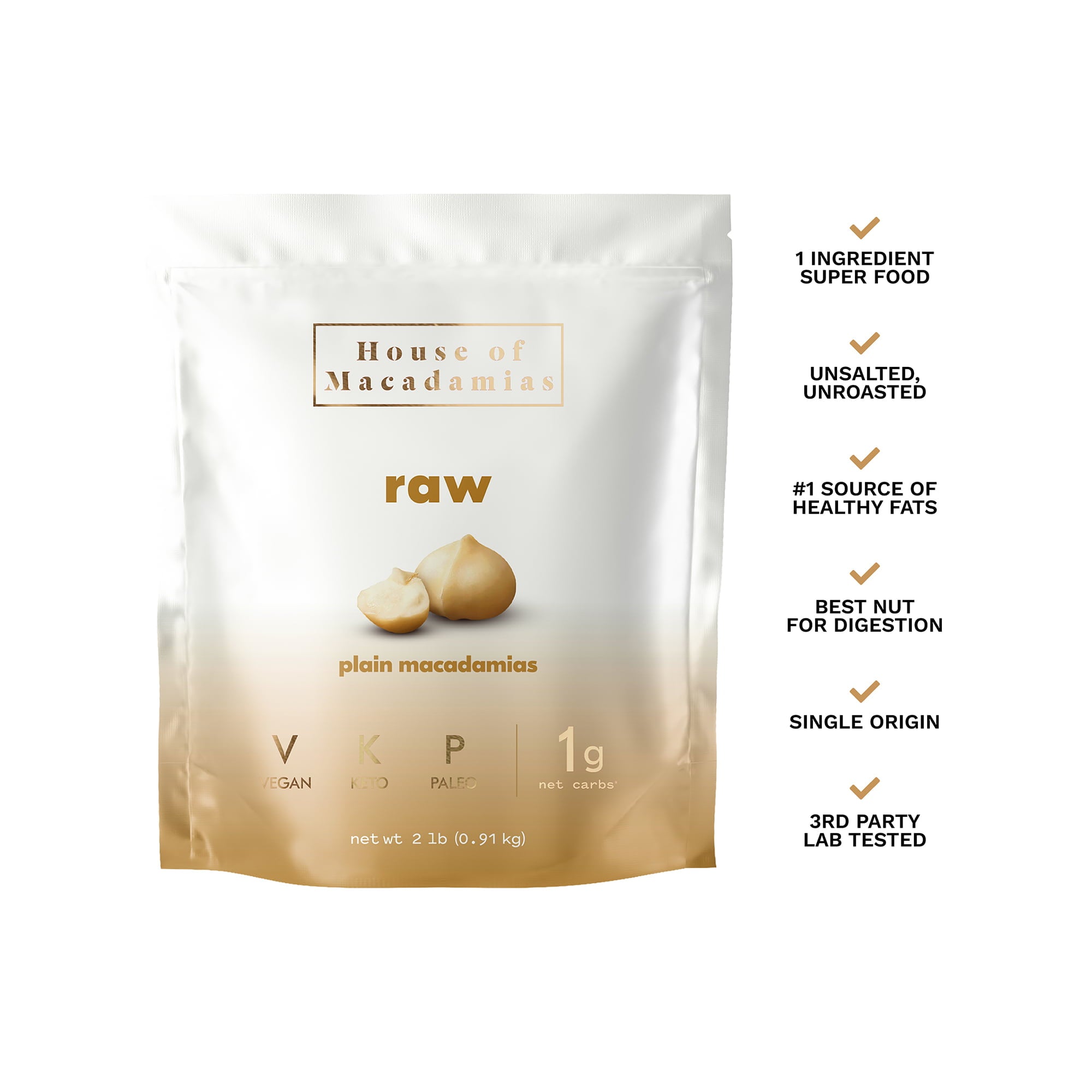 Front of House of Macadamias 2lb raw macadamia nuts bag.