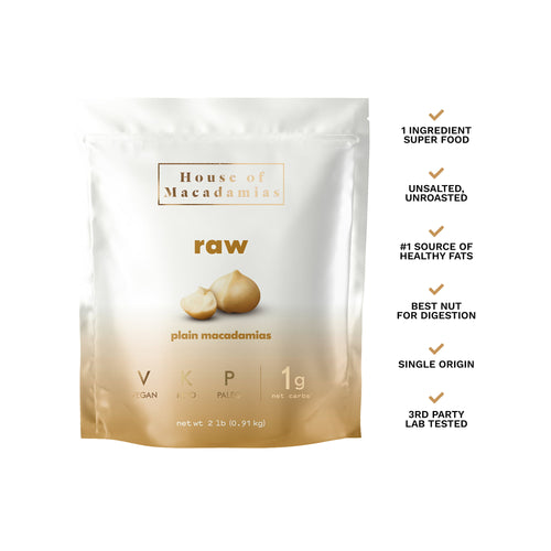 Front of House of Macadamias 2lb raw macadamia nuts bag.