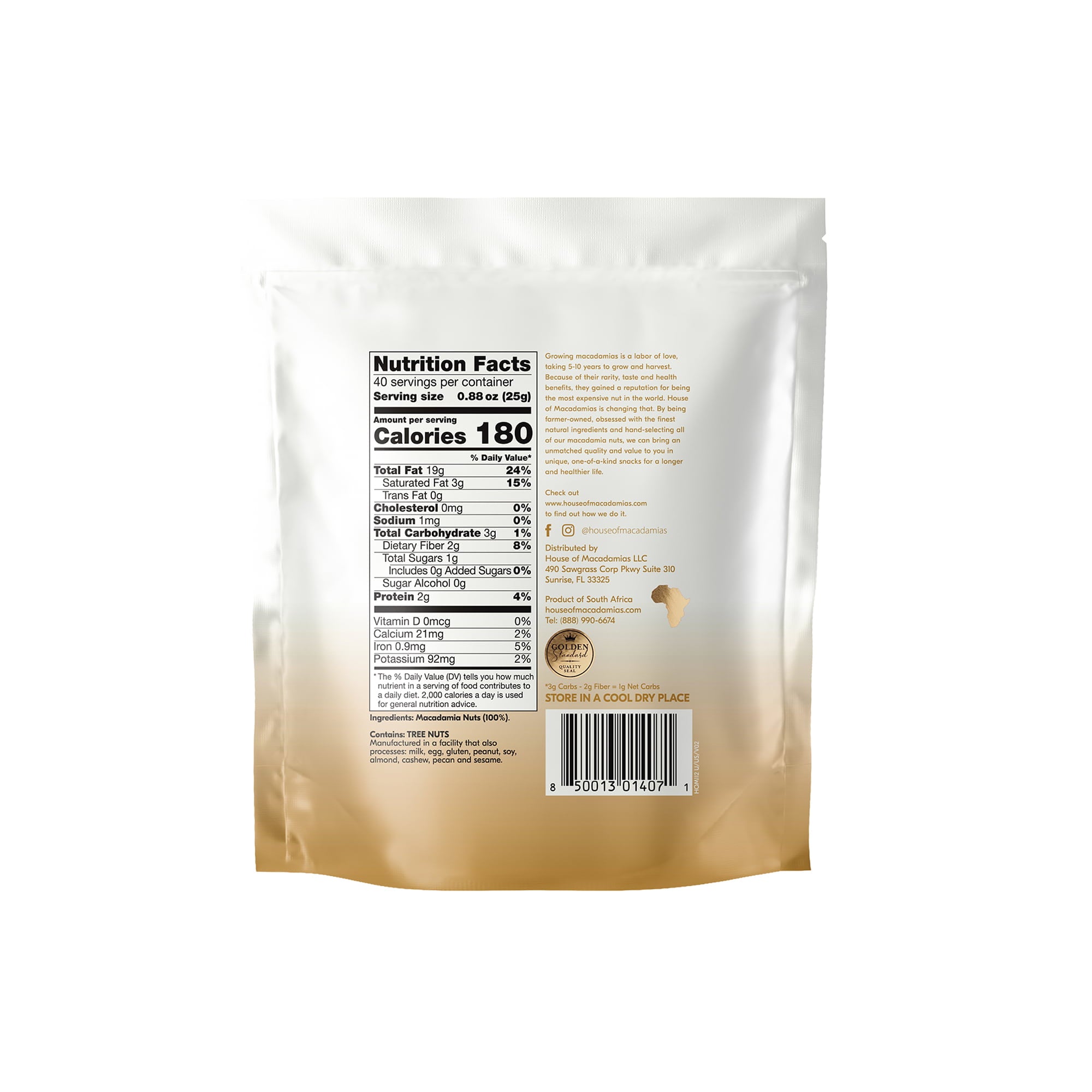 Back of 2lb raw macadamia nuts bag showing nutrition facts and ingredients.