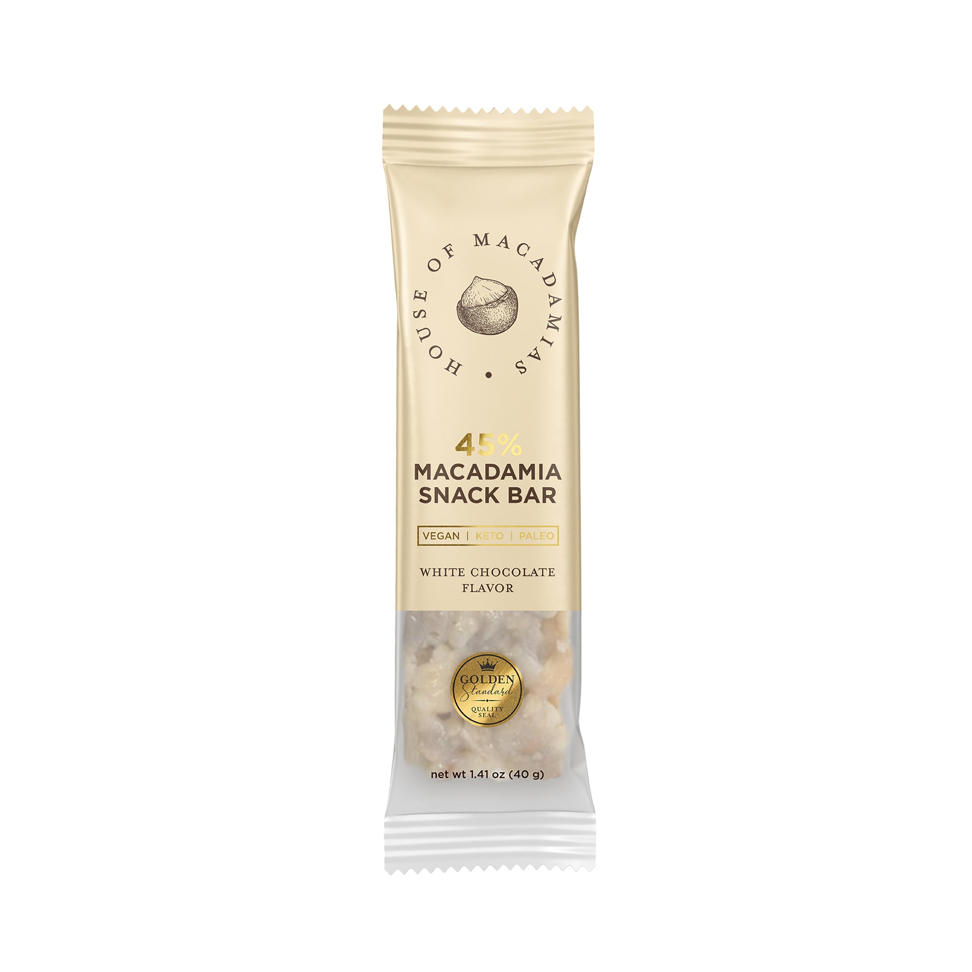 White chocolate macadamia snack bar by House of Macadamias, made with macadamias as the first ingredient. Plant based, no seed oils, 100% natural healthy snack bar rich in antioxidants and healthy fats.