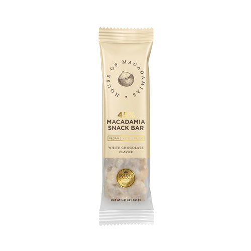 White chocolate macadamia snack bar by House of Macadamias, made with macadamias as the first ingredient. Plant based, no seed oils, 100% natural healthy snack bar rich in antioxidants and healthy fats.