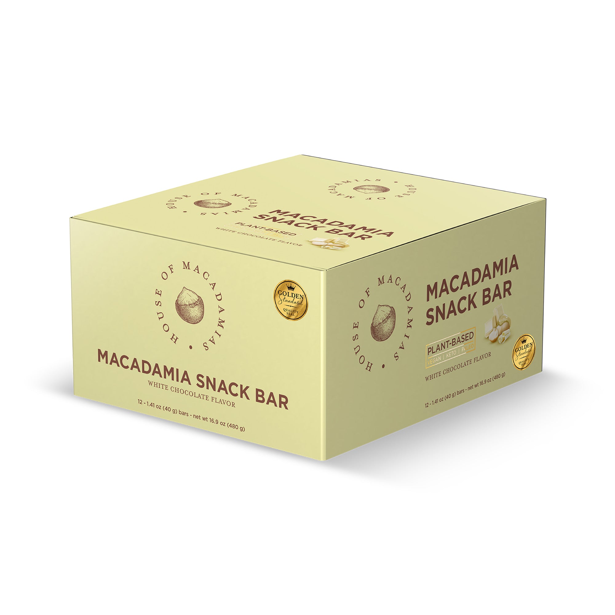White chocolate macadamia snack bar by House of Macadamias, made with macadamias as the first ingredient. Plant based, no seed oils, 100% natural healthy snack bar rich in antioxidants and healthy fats.