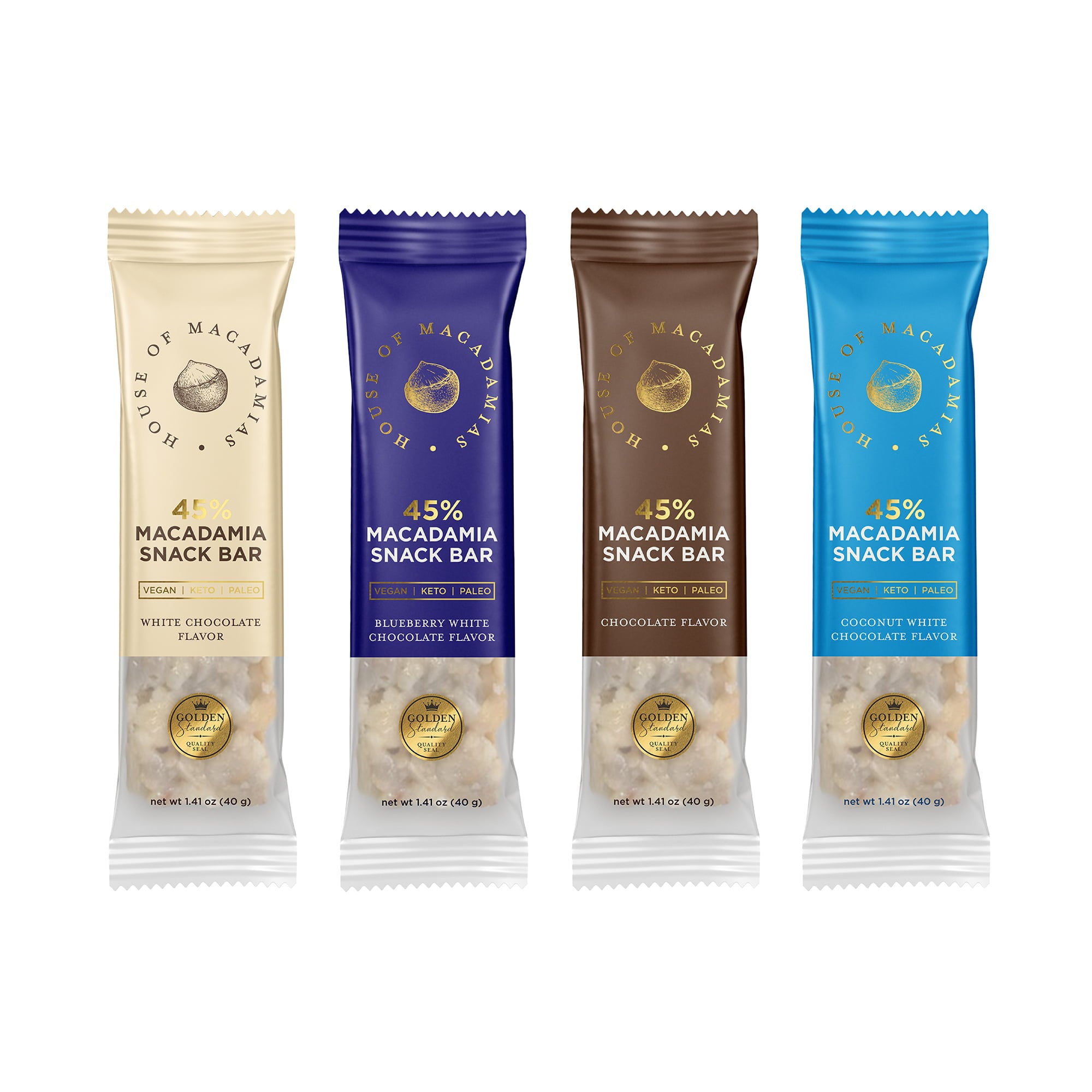 Coconut white chocolate, chocolate, blueberry white chocolate & cocnut white chocolate macadamia snack bar by House of Macadamias, made with macadamias as the first ingredient. Plant based, no seed oils, 100% natural healthy snack bar rich in antioxidants and healthy fats.