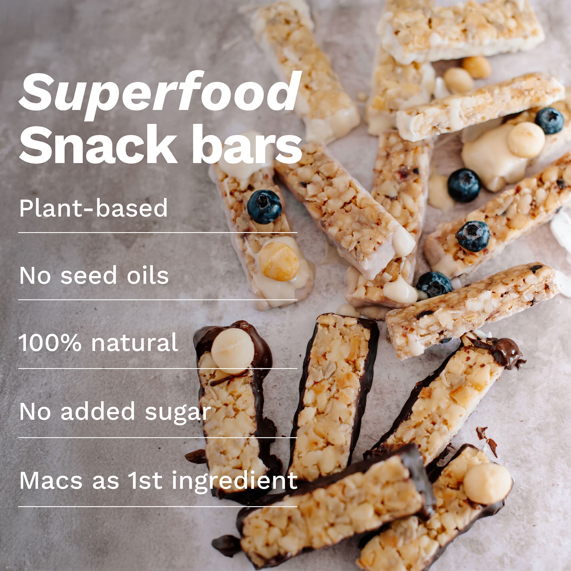 Coconut white chocolate, chocolate, blueberry white chocolate & cocnut white chocolate macadamia snack bar by House of Macadamias, made with macadamias as the first ingredient. Plant based, no seed oils, 100% natural healthy snack bar rich in antioxidants and healthy fats.