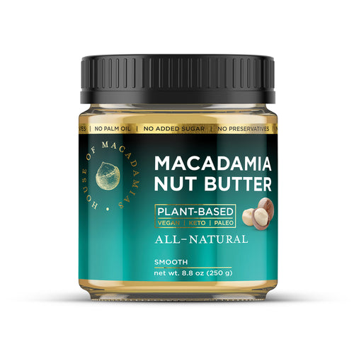 House of Macadamias All Natural Macadamia Nut Butter jar, front view on a white background