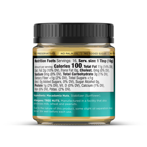 House of Macadamias All Natural Macadamia Nut Butter jar on a white background showing nutritional label and health-focused ingredients