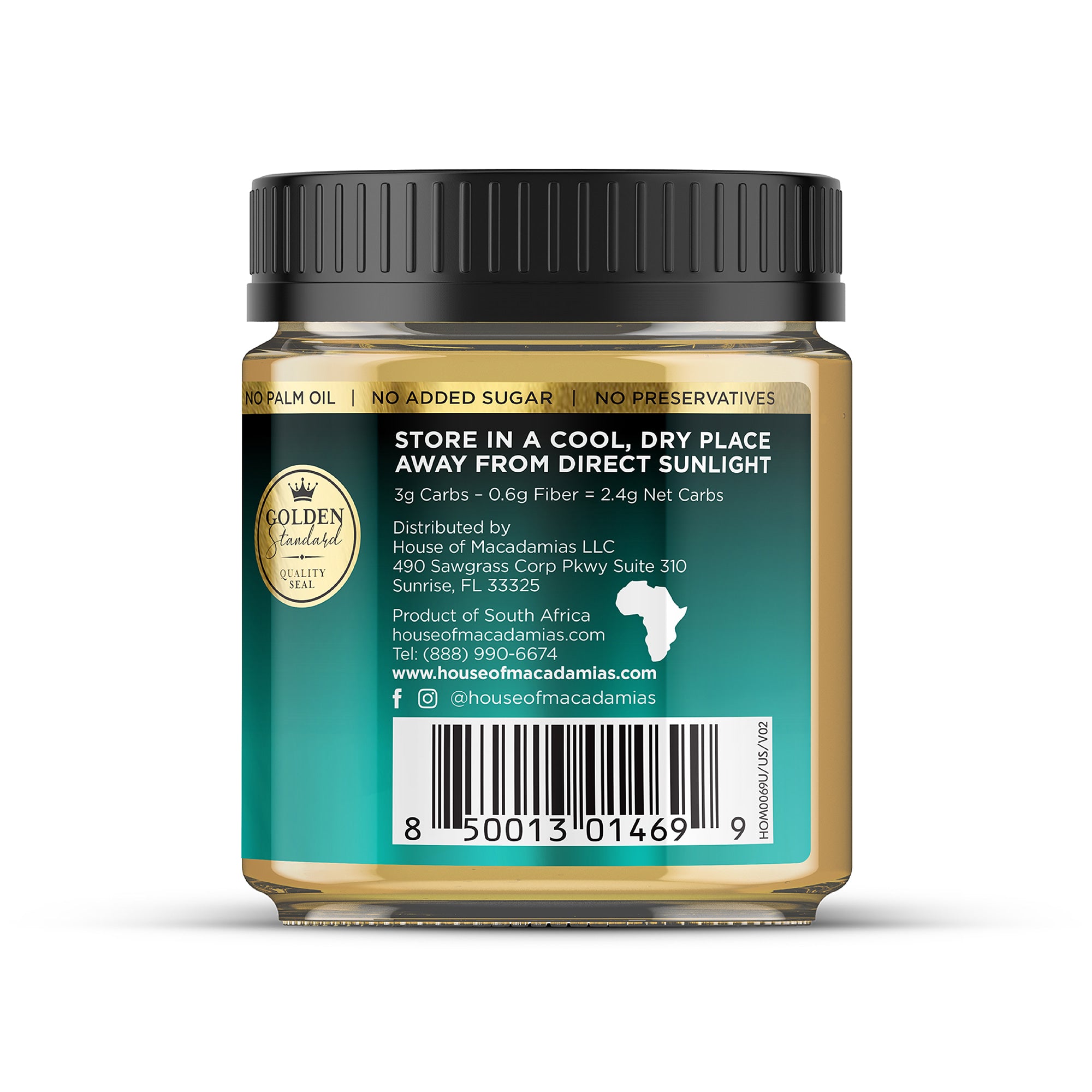Jar of macadamia butter  with a label on a white House of Macadamias All Natural Macadamia Nut Butter jar with visible label on a white background