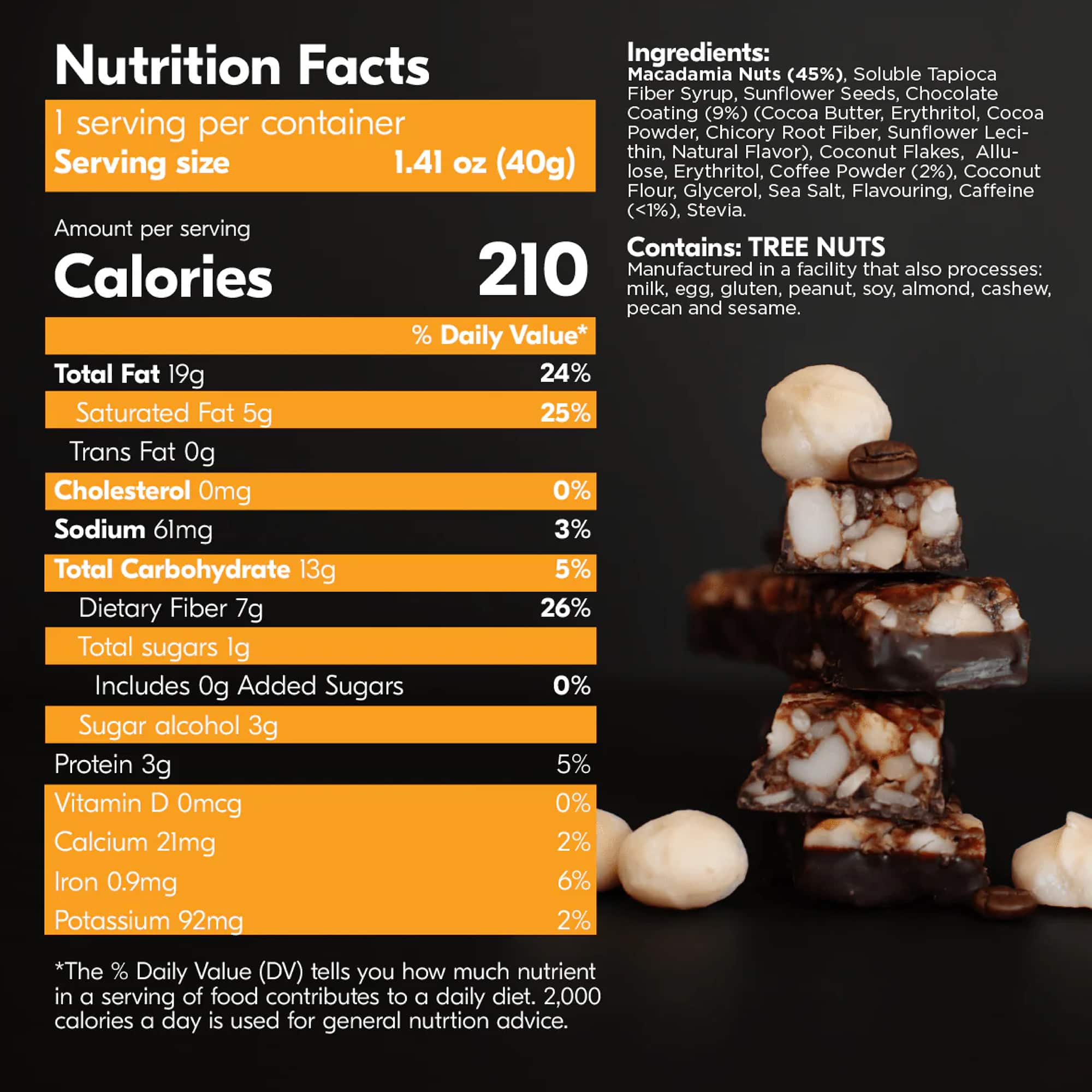 House of Macadamias Bru Bar — macadamia snack bar made with real macadamia nuts, keto-friendly, no added sugar, seed-oil-free, and naturally caffeinated for clean energy.