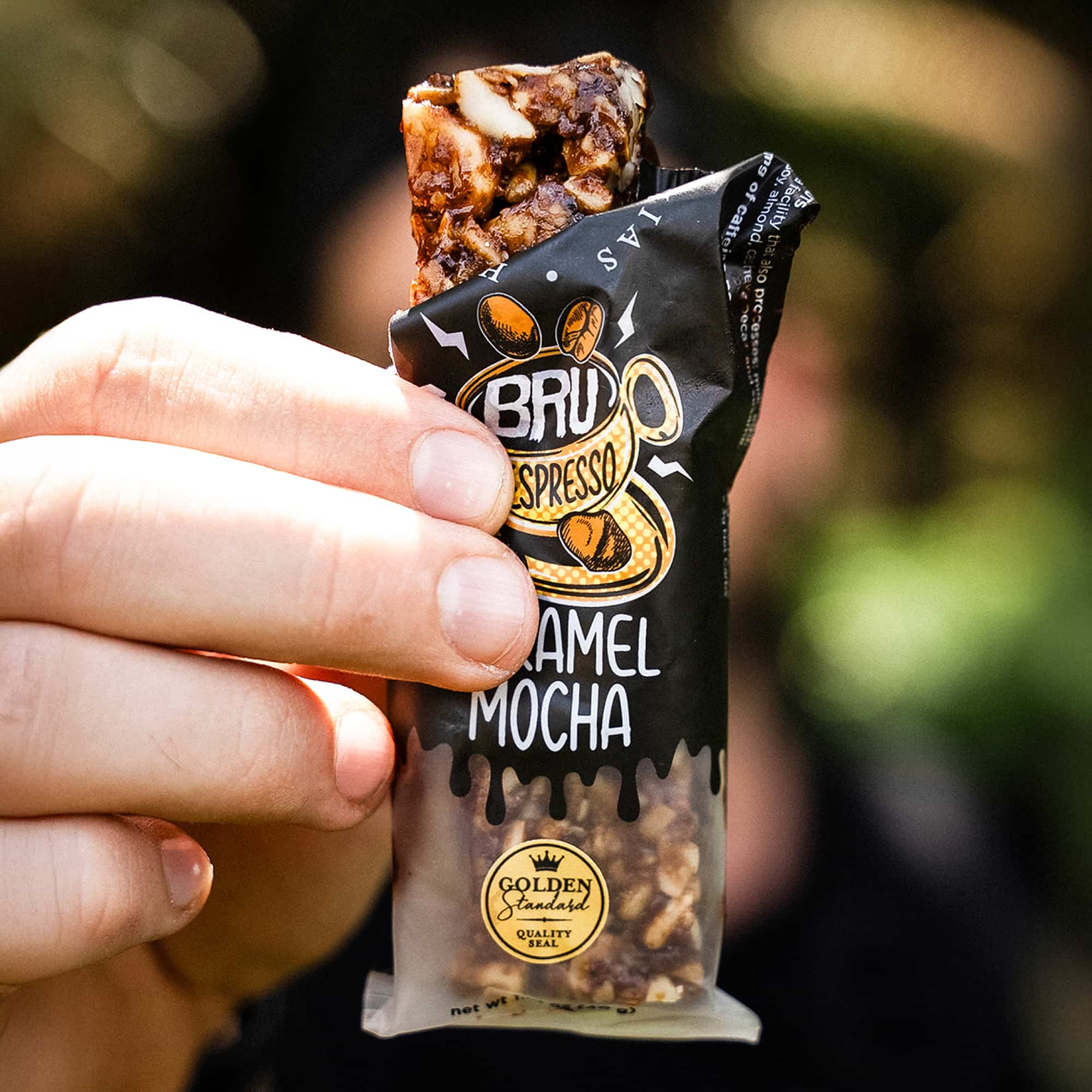 House of Macadamias Bru Bar — macadamia snack bar made with real macadamia nuts, keto-friendly, no added sugar, seed-oil-free, and naturally caffeinated for clean energy.