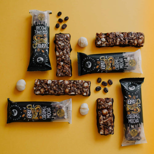 House of Macadamias Bru Bar — macadamia snack bar made with real macadamia nuts, keto-friendly, no added sugar, seed-oil-free, and naturally caffeinated for clean energy.