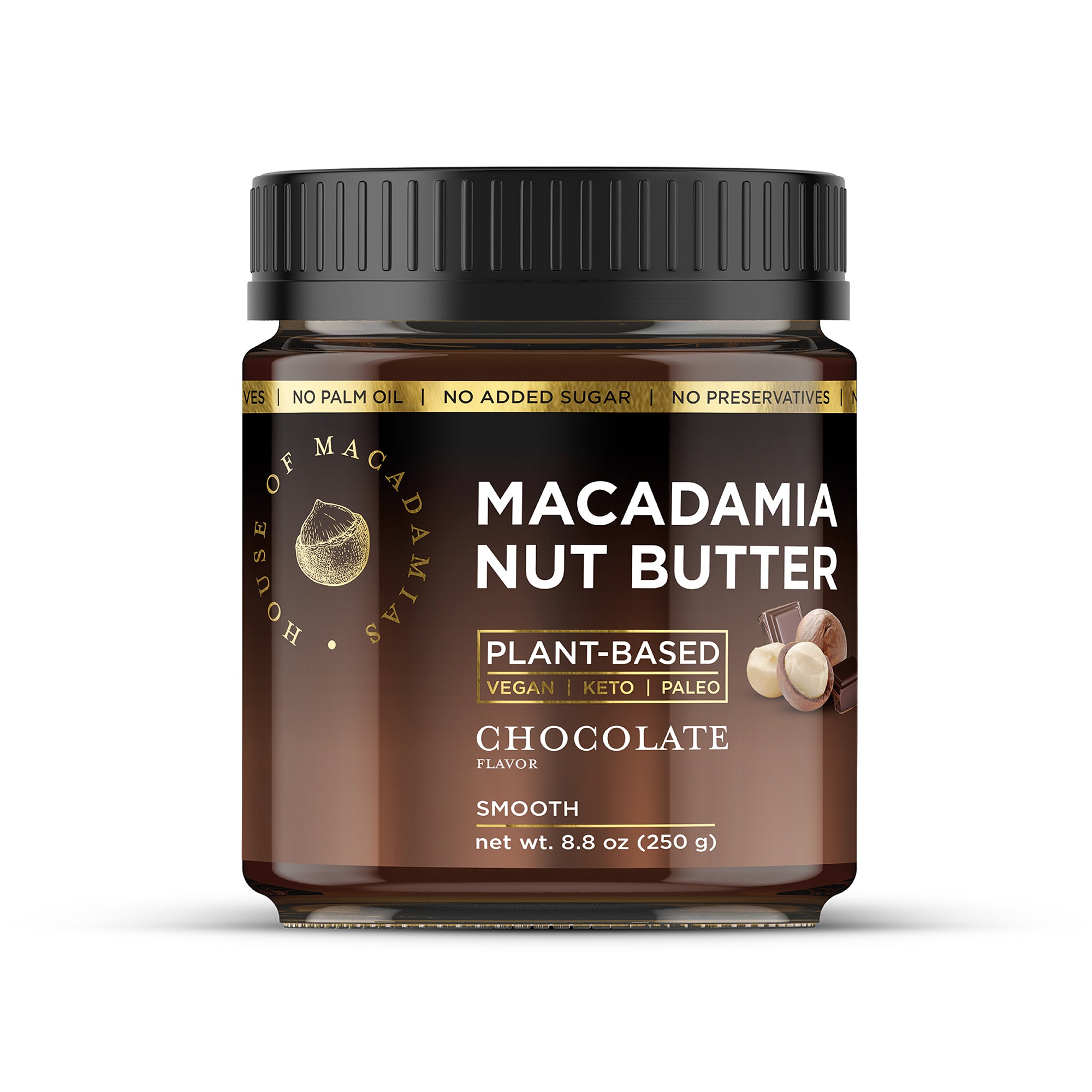 House of Macadamias Chocolate Macadamia Nut Butter jar front view on white background — natural, healthy spread rich in monounsaturated fats and clean ingredients"