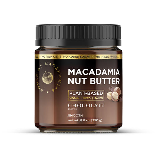 House of Macadamias Chocolate Macadamia Nut Butter jar front view on white background — natural, healthy spread rich in monounsaturated fats and clean ingredients"