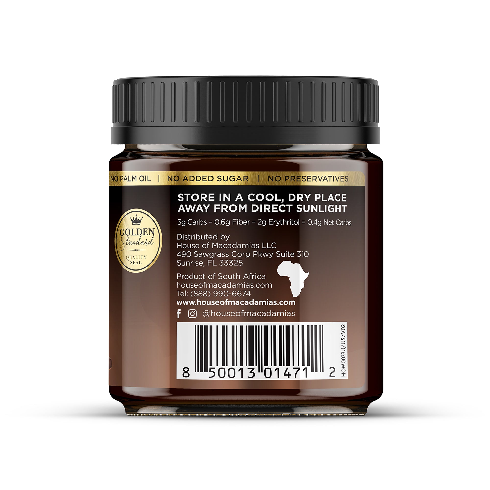 House of Macadamias Chocolate Macadamia Nut Butter jar side view showing storage instructions and usage directions on a white background