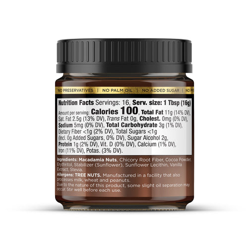 House of Macadamias Chocolate Macadamia Nut Butter jar side view showing ingredient information label on a white background