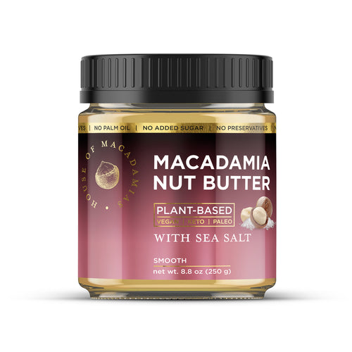 House of Macadamias Sea Salt Macadamia Nut Butter jar, front view on a white background